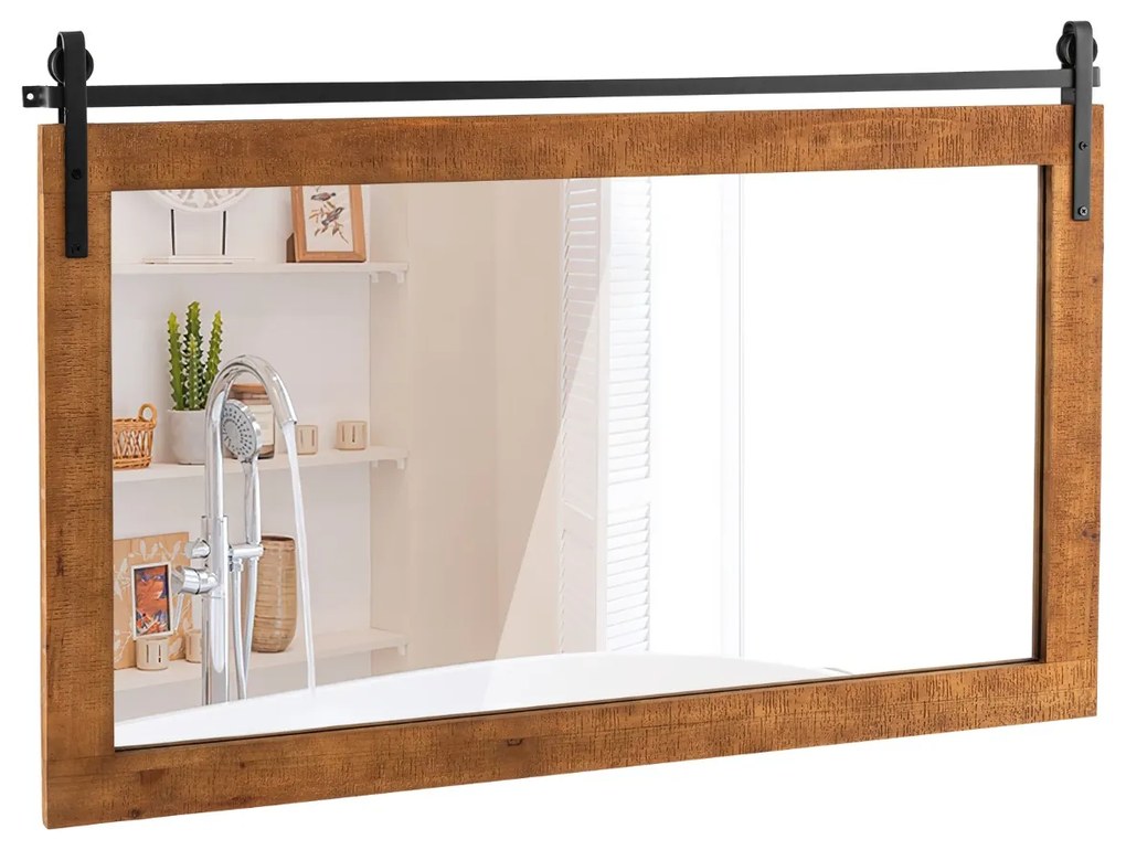 Espelho de parede estilo fazenda 100 x 66 cm com moldura em madeira maciça e suporte castanho