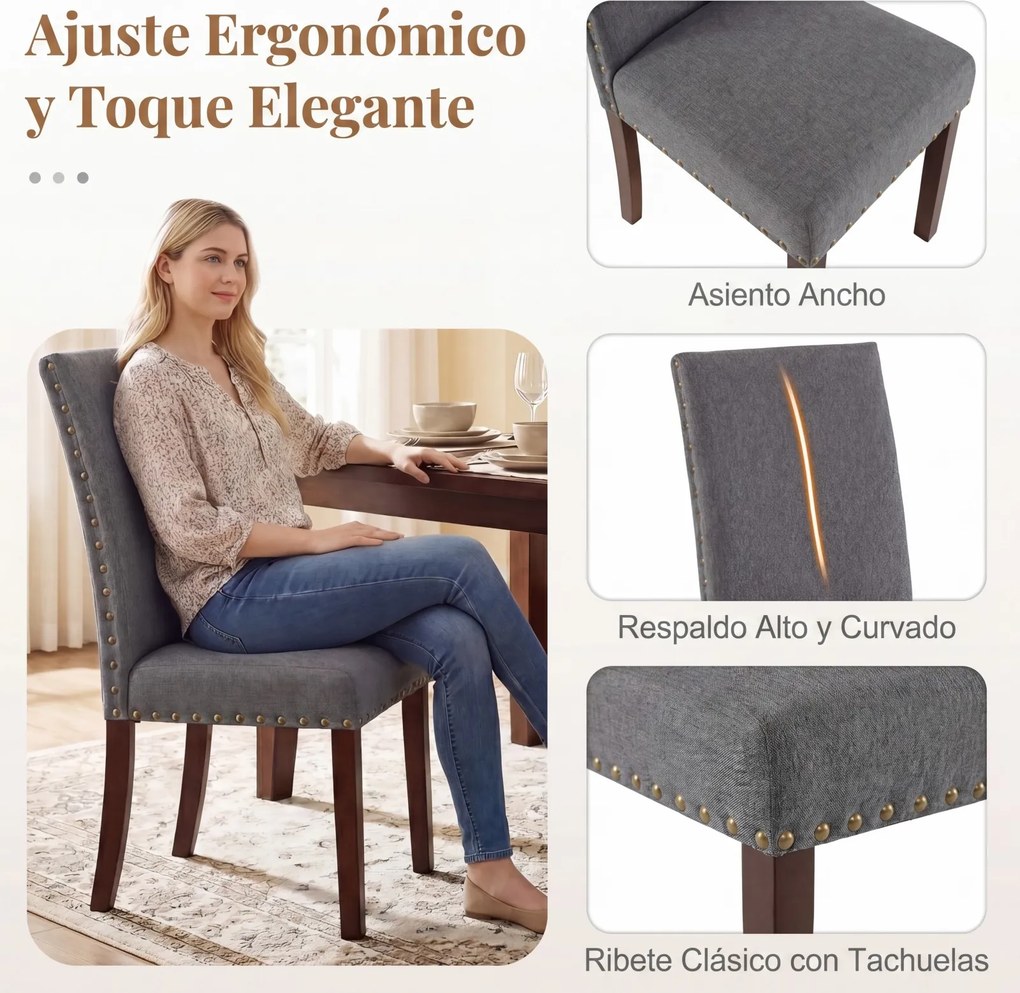 Conjunto de 2 Cadeiras de Jantar Estofadas, 44,5 x 67 x 96 cm, Assento Acolchoado, Cinzento