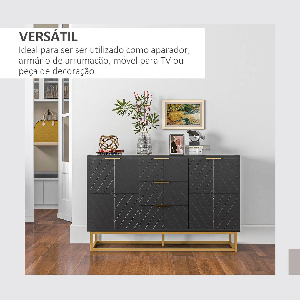 Aparador Auxiliar Armário de Armazenamento com 3 Gavetas e 2 Armários com Prateleira Ajustável 120x40x76 cm Preto