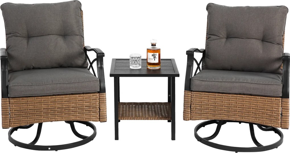Conjunto de cadeiras de baloiço giratórias para exterior, Conjunto 3 peças com 1 mesa e 2 cadeiras de baloiço, Função giratória e de baloiço 360°, Castanho+Cinzento| AOSOM Portugal