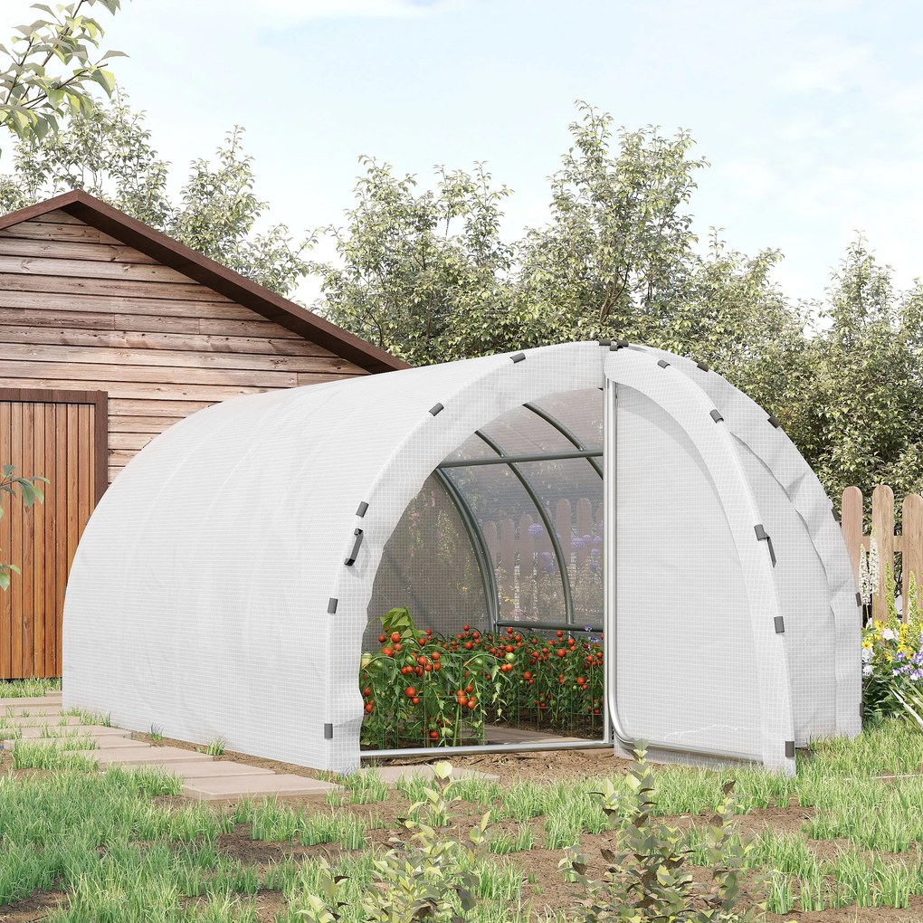 Estufa de jardim tipo túnel com área útil de 12 m² (4 m de comprimento x 3 m de largura x 2 m de altura), estrutura tubular reforçada de 25 mm, porta