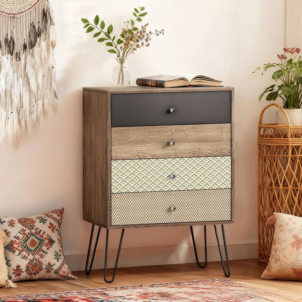 Cómoda 4 Gavetas Cómoda para Quarto com Pés em Forma de V de Aço Estilo Boémio 60x39x86 cm Multicor