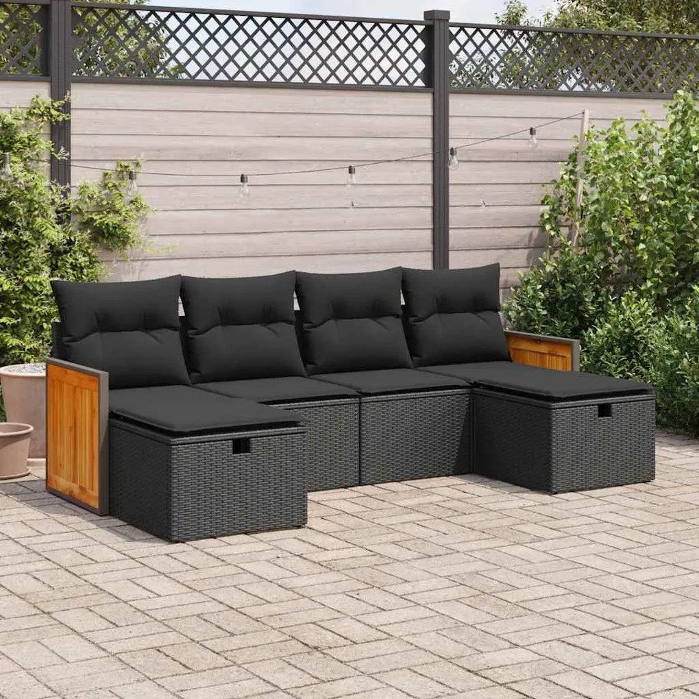 6 pcs conjunto sofás de jardim c/ almofadões vime PE preto