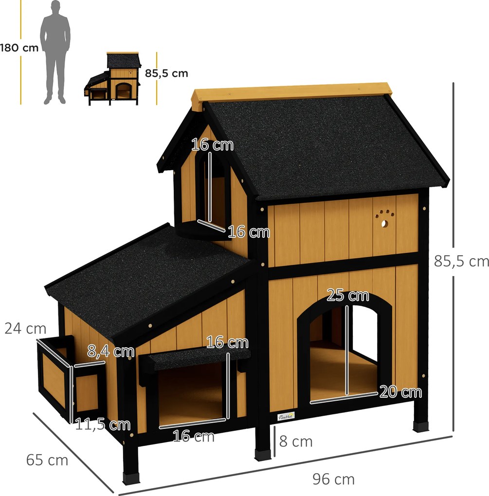 Casa para Gatos de Madeira com Suporte para Flores de 2 Níveis e Teto Asfáltico 96x65x85,5 cm Madeira e Preto