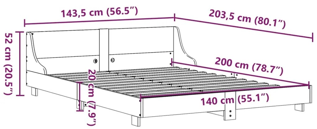 Estrutura cama c/ cabeceira 140x200cm pinho maciço castanho-mel