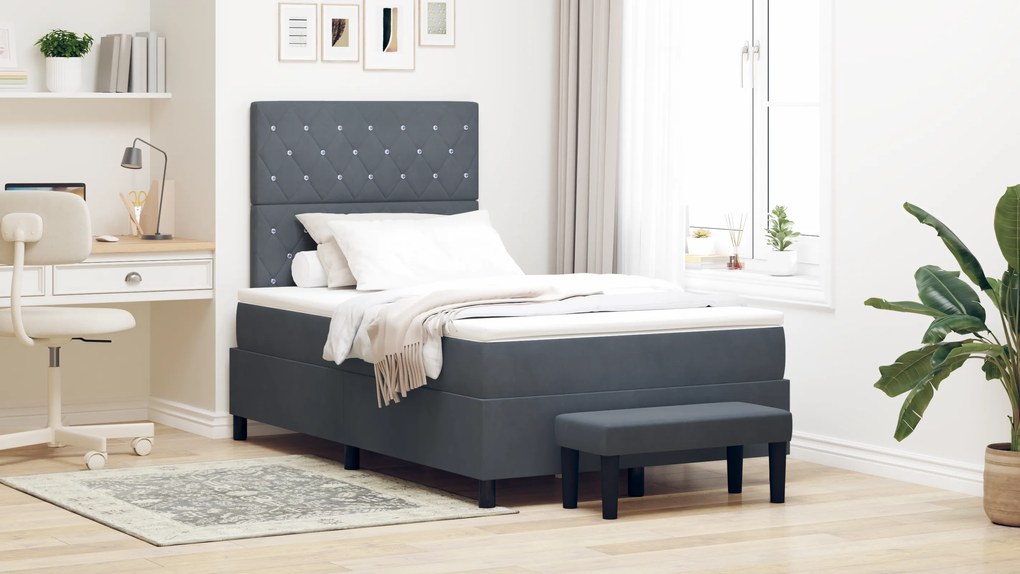 Cama Box Spring com Colchão e Banco Cinza Escuro 120x200 cm Veludo