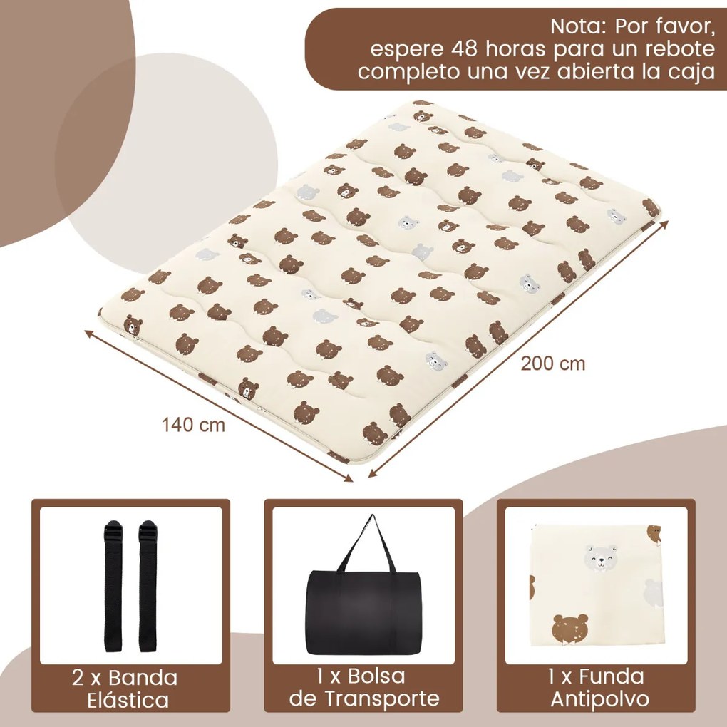 Colchão de chão enrolável Tatami Mat com capa lavável Tapete portátil com saco de transporte 200 x 140 x 10 cm Castanho