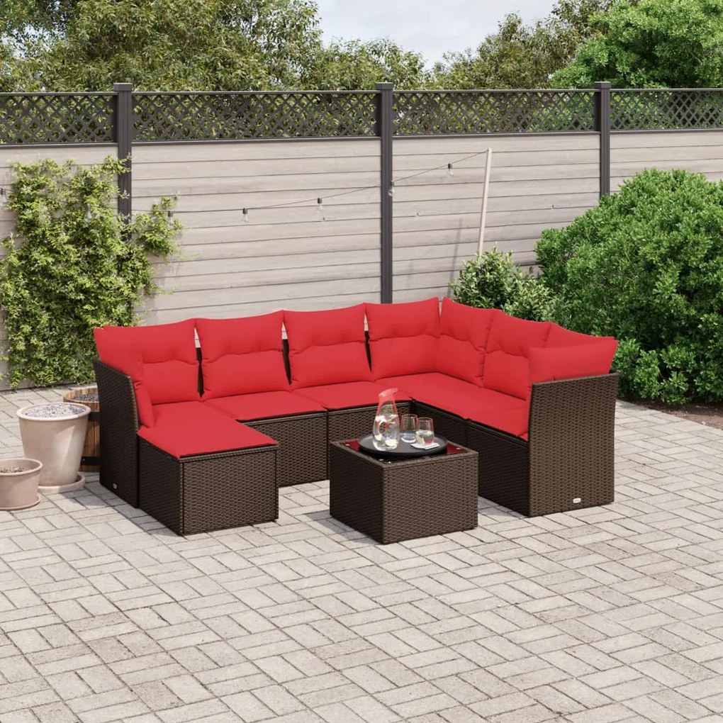 vidaXL 8 pcs conjunto sofás de jardim c/ almofadões vime PE castanho