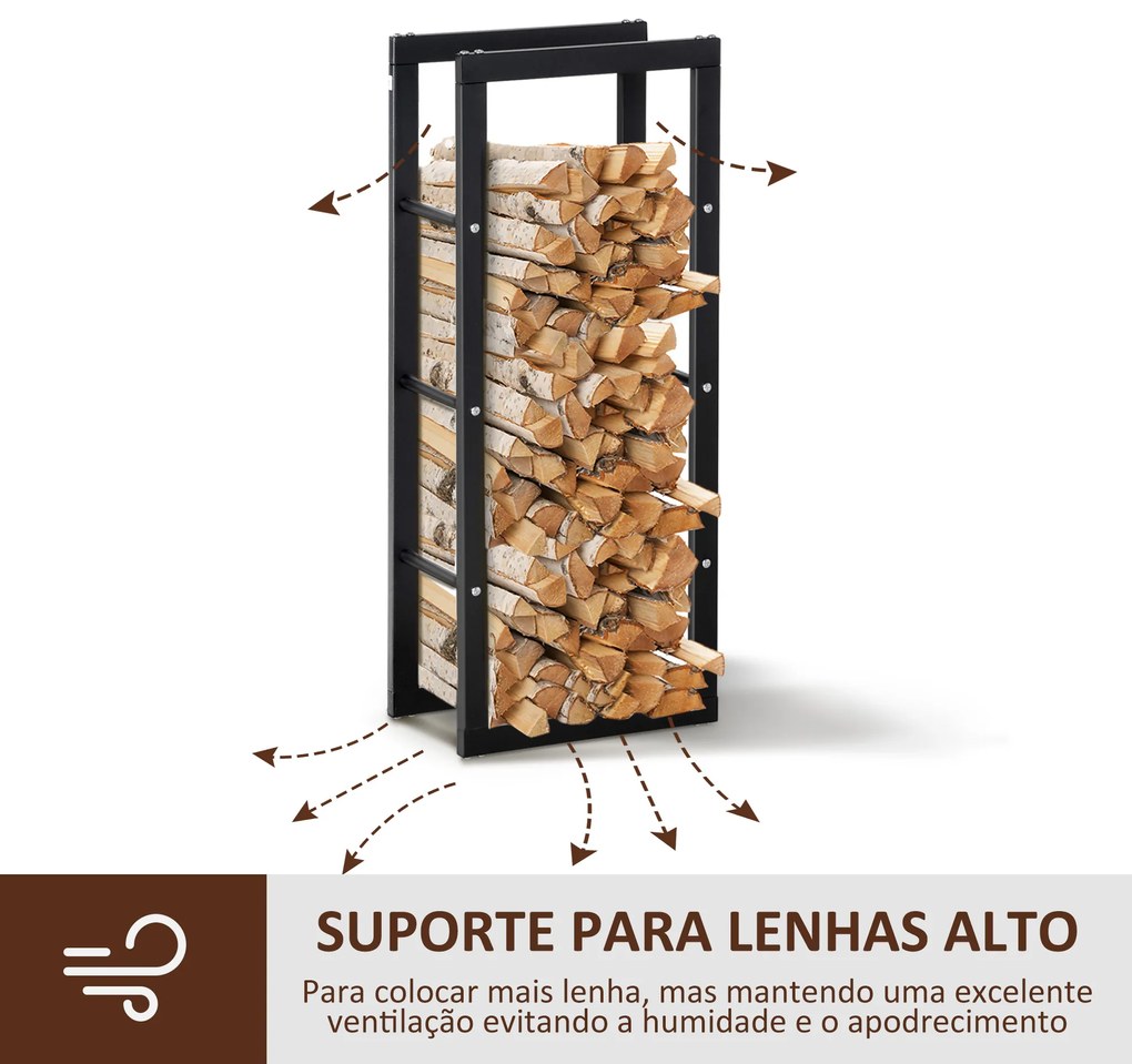 Suporte para Lenha de Metal Porta Lenha Metálico para Interior e Exterior Carga Máxima 100 kg 40x25x100 cm Preto