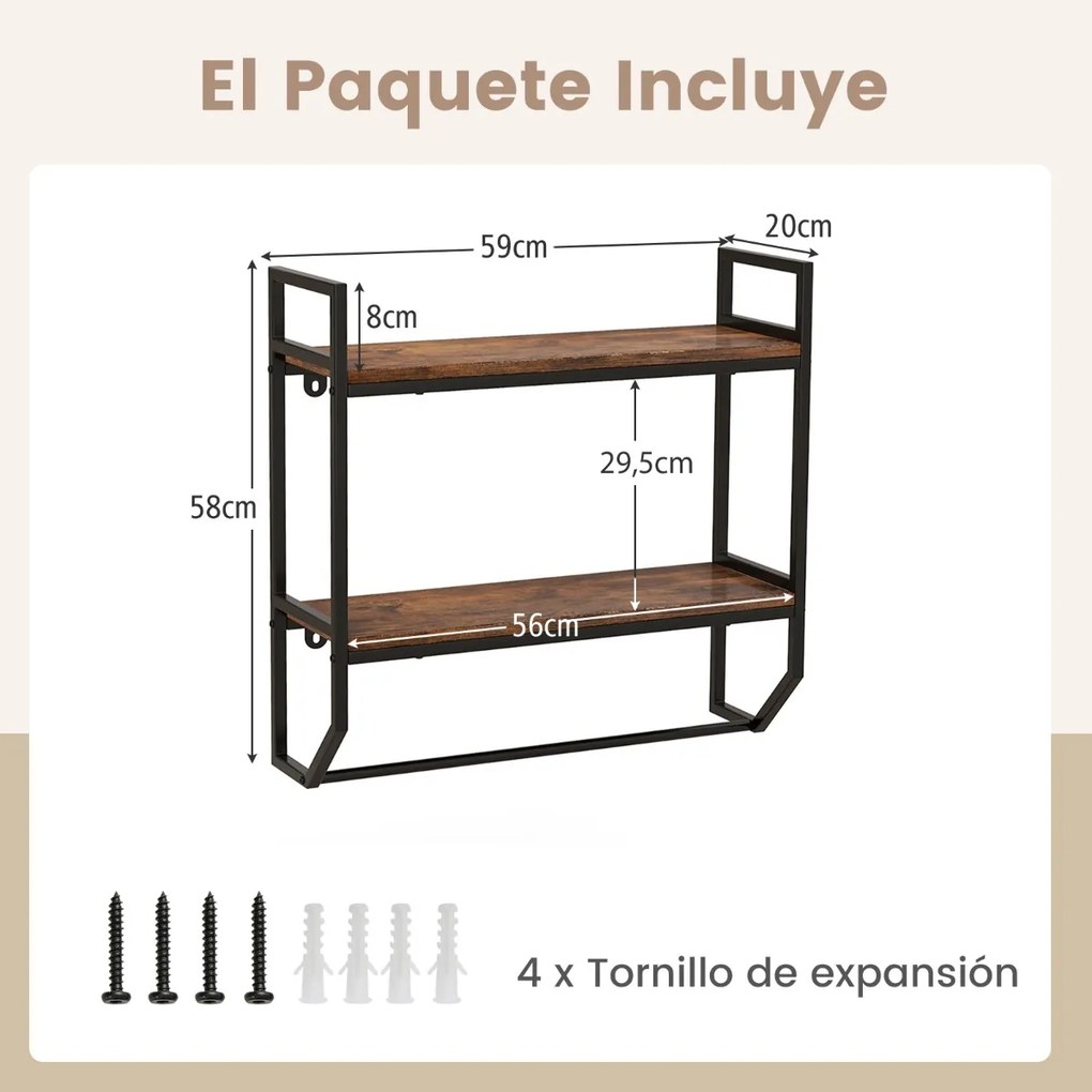 Prateleira flutuante de 2 níveis com toalheiro com estrutura metálica para parede de sala, cozinha e casa de banho 59 x 20 x 58 cm Castanho