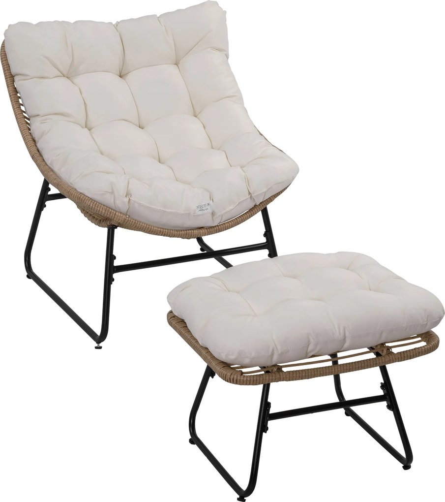 Outsunny Poltrona de jardim com apoia-pés em metal epóxi e resina trançada com aspecto rattan com almofadas | Aosom Portugal
