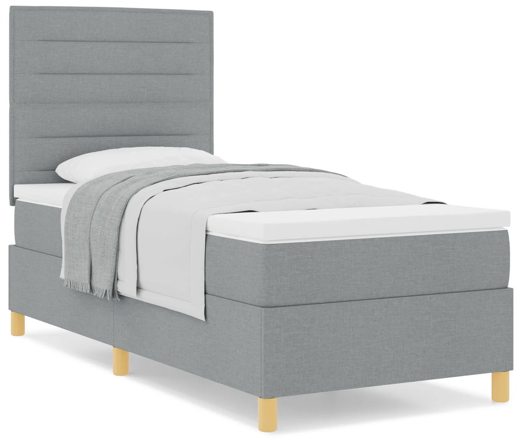Cama Box Spring com Colchão Cinza Claro de Tecido de Solteiro