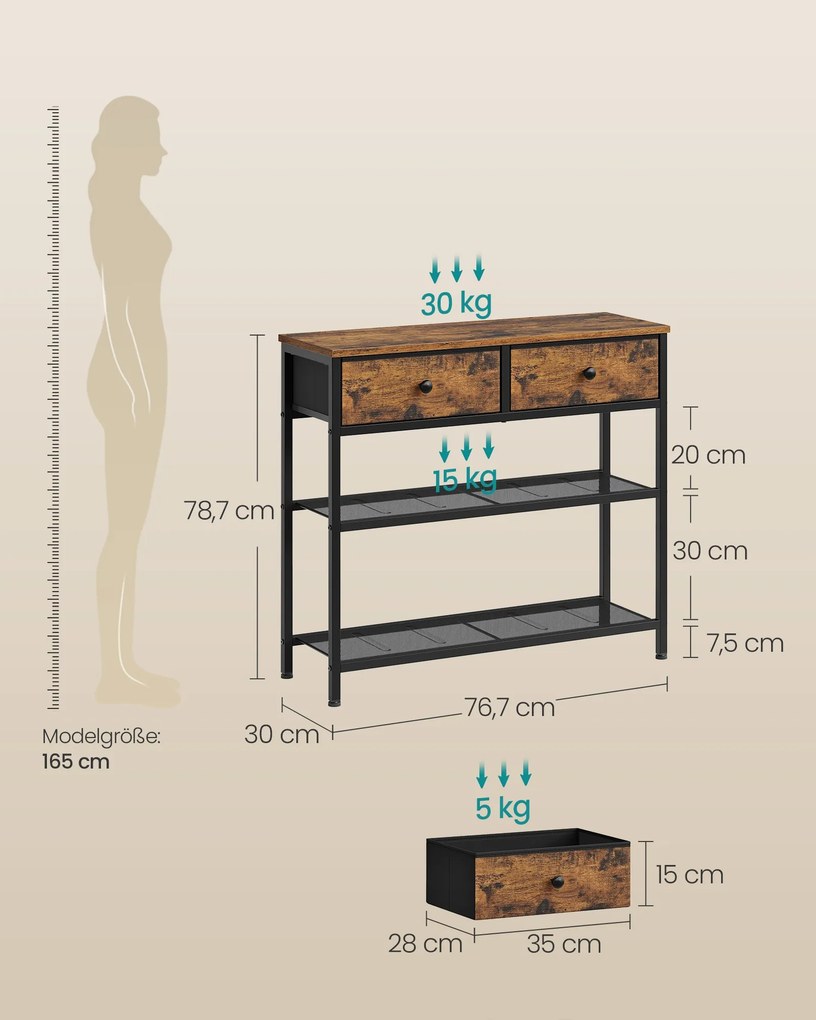 Mesa consola  76,7 x 30 x 78,7 cm, 2 gavetas castanha vintage