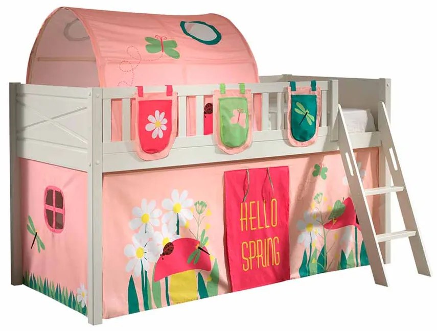 Conjunto cama alta Infantil SCOTT + cortina de brincar SPRING + Túnel + 3 bolsos de arrumação Branca