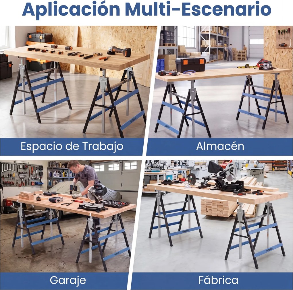 Conjunto de 2 Cavaletes de Trabalho, 69 x 56 x 80-130 cm, Altura Regulável, Preto+Azul