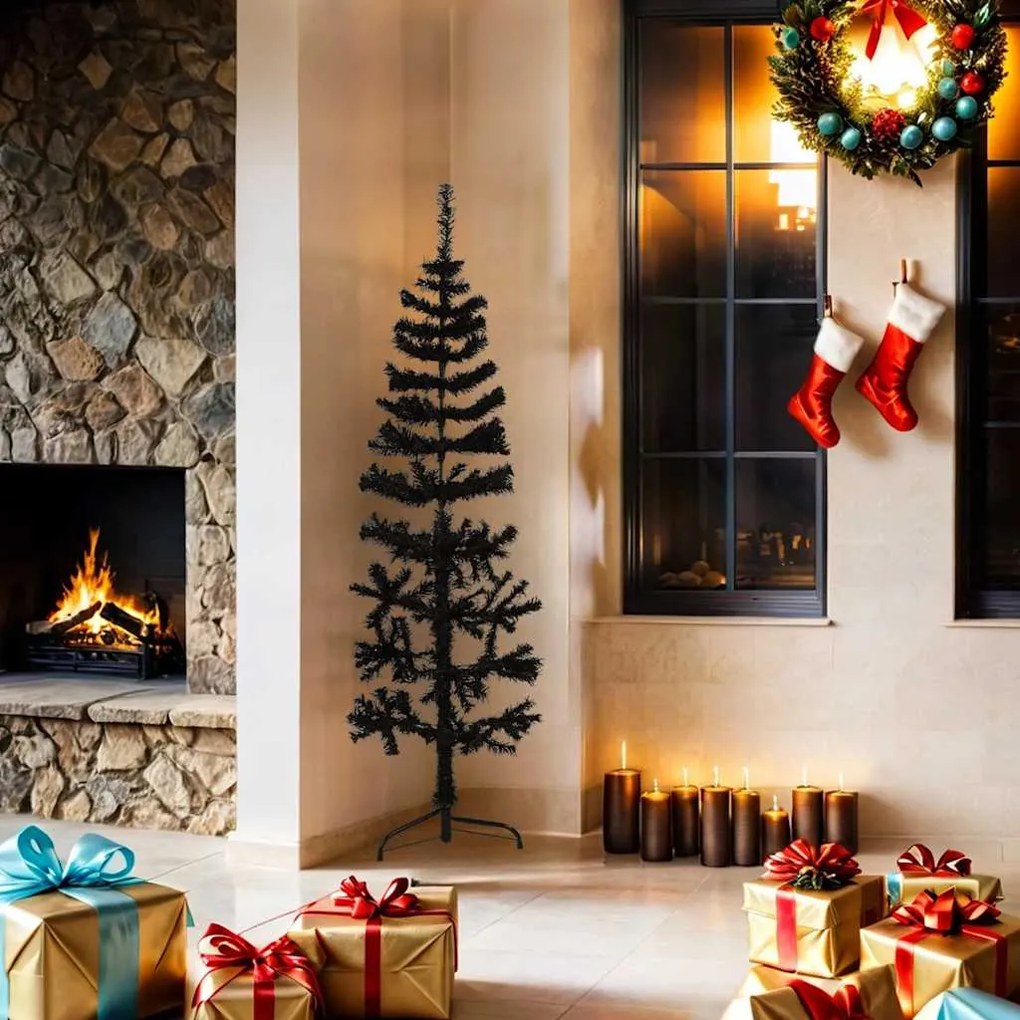 Meia árvore de Natal fina com suporte 150 cm preto