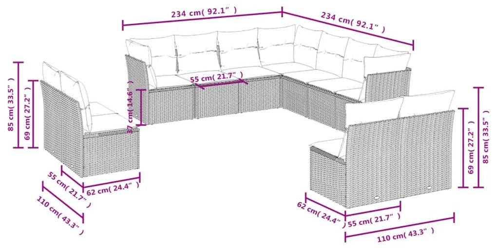 11 pcs conjunto sofás de jardim c/ almofadões vime PE preto