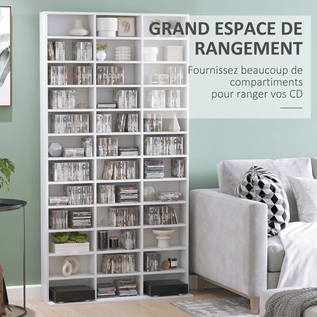 Estante para CDs/DVDs – Móvel de arrumação para 1116 CDs, com 36 compartimentos ajustáveis em altura, branco