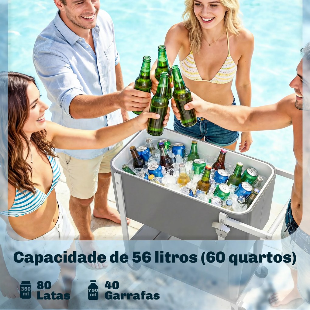 Carro Geleira de 56L com Rodas Prateleira Abre-Garrafas Coletor de Tampas Dreno e Pega para Jardim Festas 84x38x83 cm Cinzento