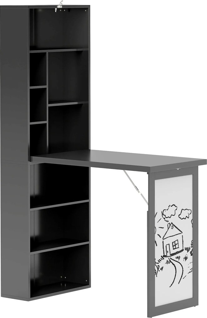 HOMCOM Secretária Moderna Dobrável com Estante e Quadro, em Madeira e Metal, 98x51x153 cm, Preto | Aosom Portugal