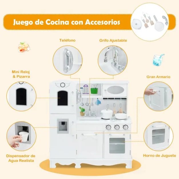 Cozinha de brincar para crianças em madeira com acessórios Telefone, lava-loiça, forno, frigorífico, refrigerador, dispensador de água, luz e som Bran