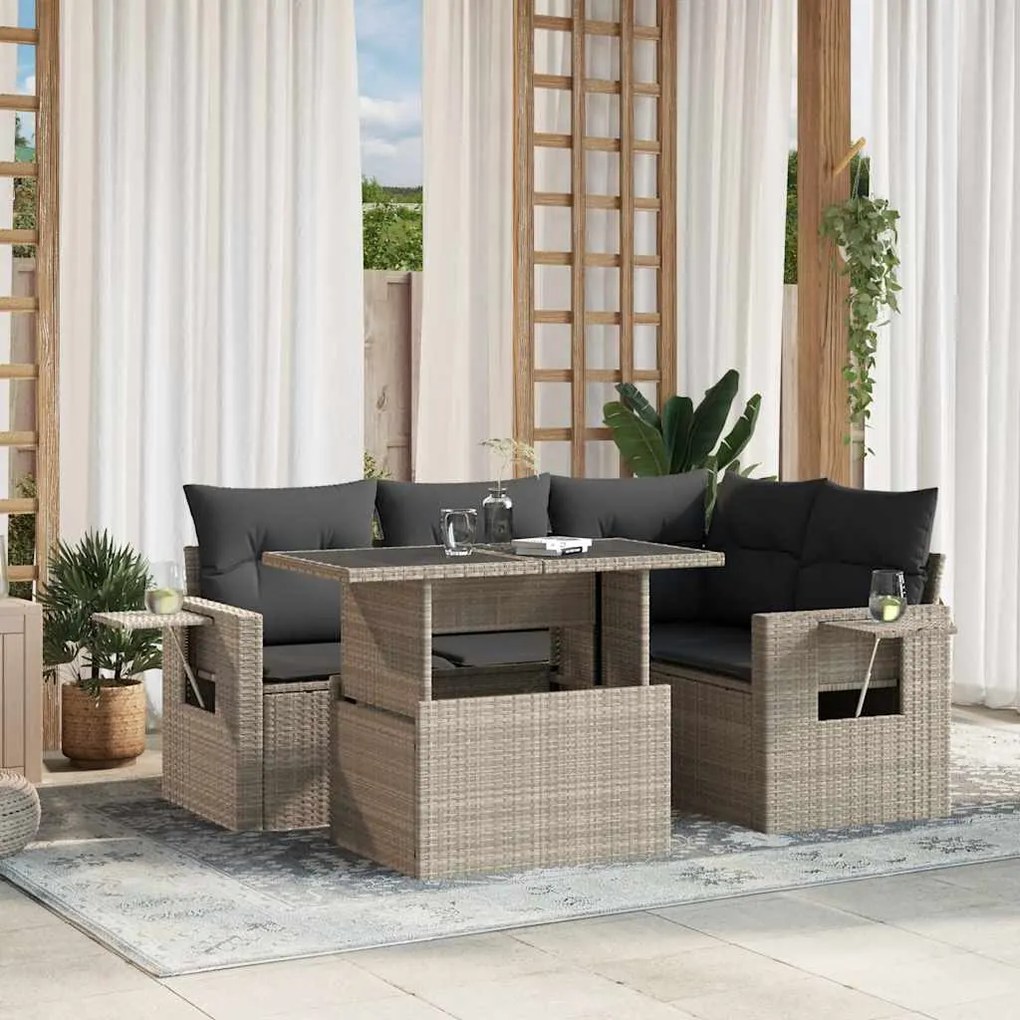 vidaXL 5 pcs conj. sofás jardim c/ almofadões vime PE cinzento-claro