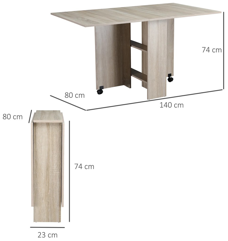 HOMCOM Mesa de Sala de Jantar Dobrável Mesa de Madeira com 2 Prateleiras de Armazenamento e Rodas para Cozinha 80x140x74 cm Madeira