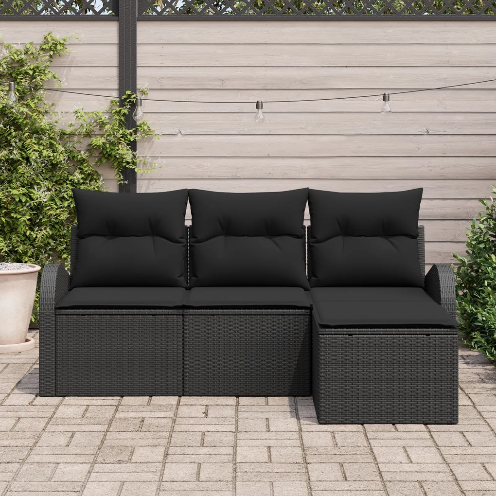 Conjunto de Sofá de Jardim vidaXL 4 Peças com Almofadas Preto Rattan P
