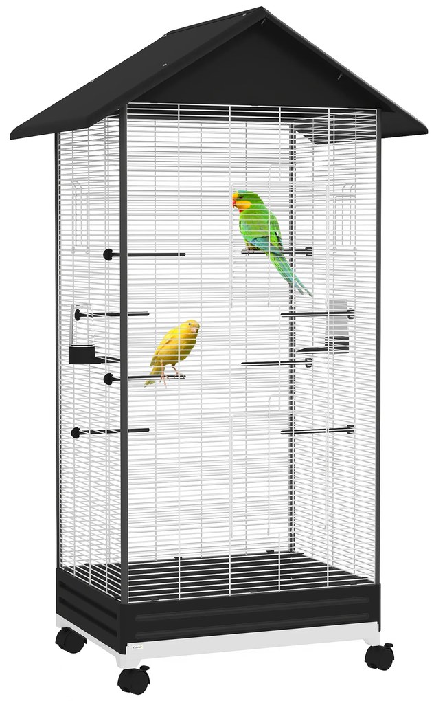 PawHut Gaiola para Pássaros Metálica com com Rodas Bandeja Amovível 4 Portas 2 Comedouros e 8 Poleiros 79x65x155 cm Preto