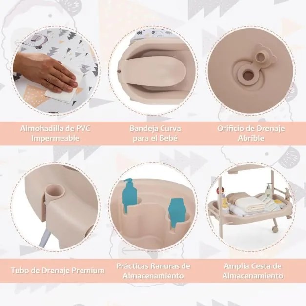 Troca-fraldas com banheira dobrável e portátil para bebés com bandeja de armazenamento e 4 rodas universais com travas, carga 35 kg, bege