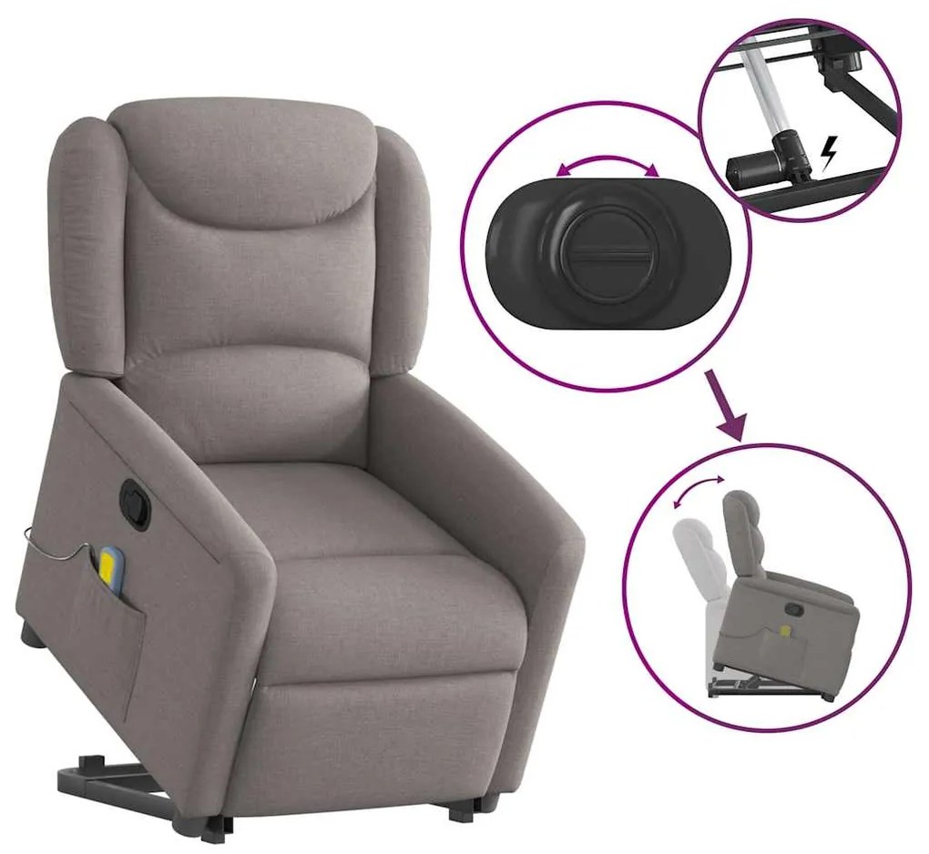 Poltrona elevatória de massagens tecido cinzento-acastanhado