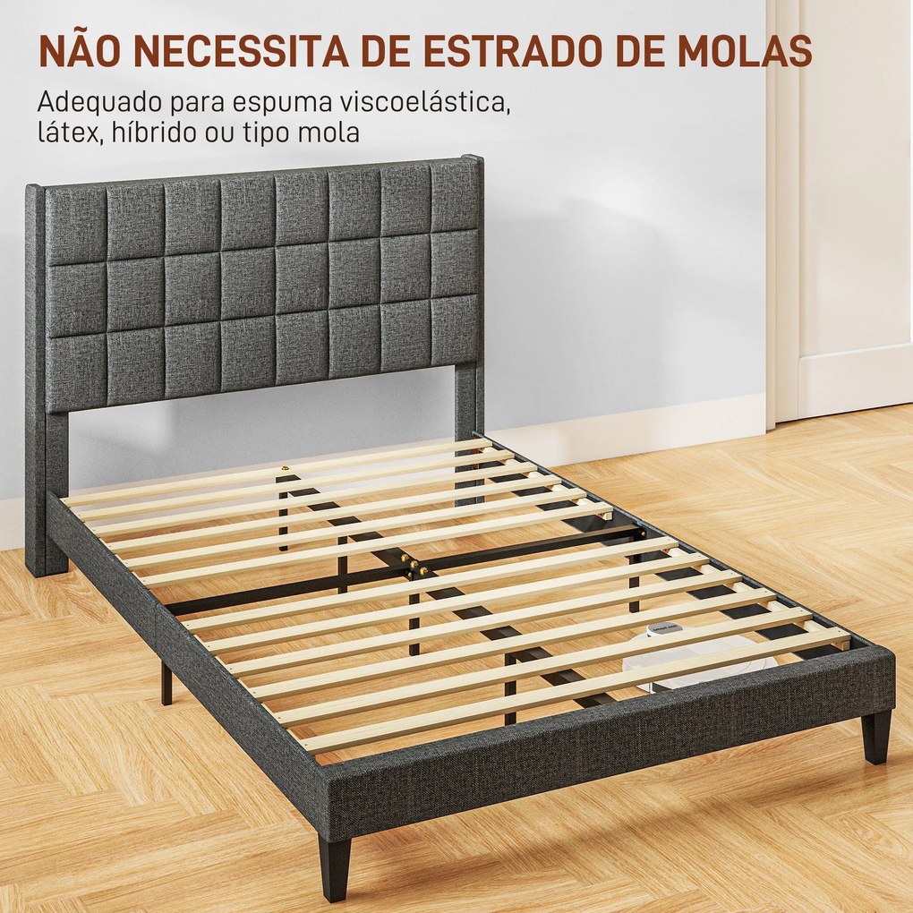 Estrutura de Cama de Casal "Lúmina" - 135x190 cm - Linho e Madeira - C