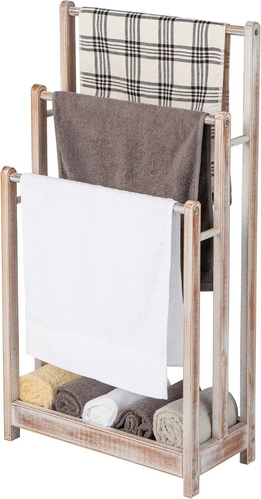 Toalheiro de madeira de 3 níveis para toalhas com prateleira inferior para casa de banho 45 x 22 x 86 cm Branco rustico