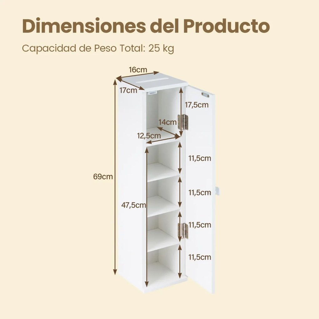 Conjunto de 2 móveis de casa de banho estreitos 17 x 16 x 69 cm com orifício para papel higiénico, porta com puxador, estantes removíveis e organizado