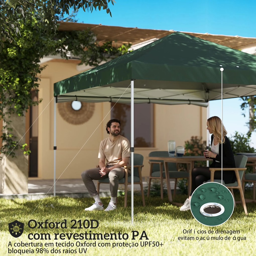 Tenda Dobrável 3x3 m Pop-up com Parede Lateral Proteção UPF50+ Empurre Central Altura Ajustável Verde
