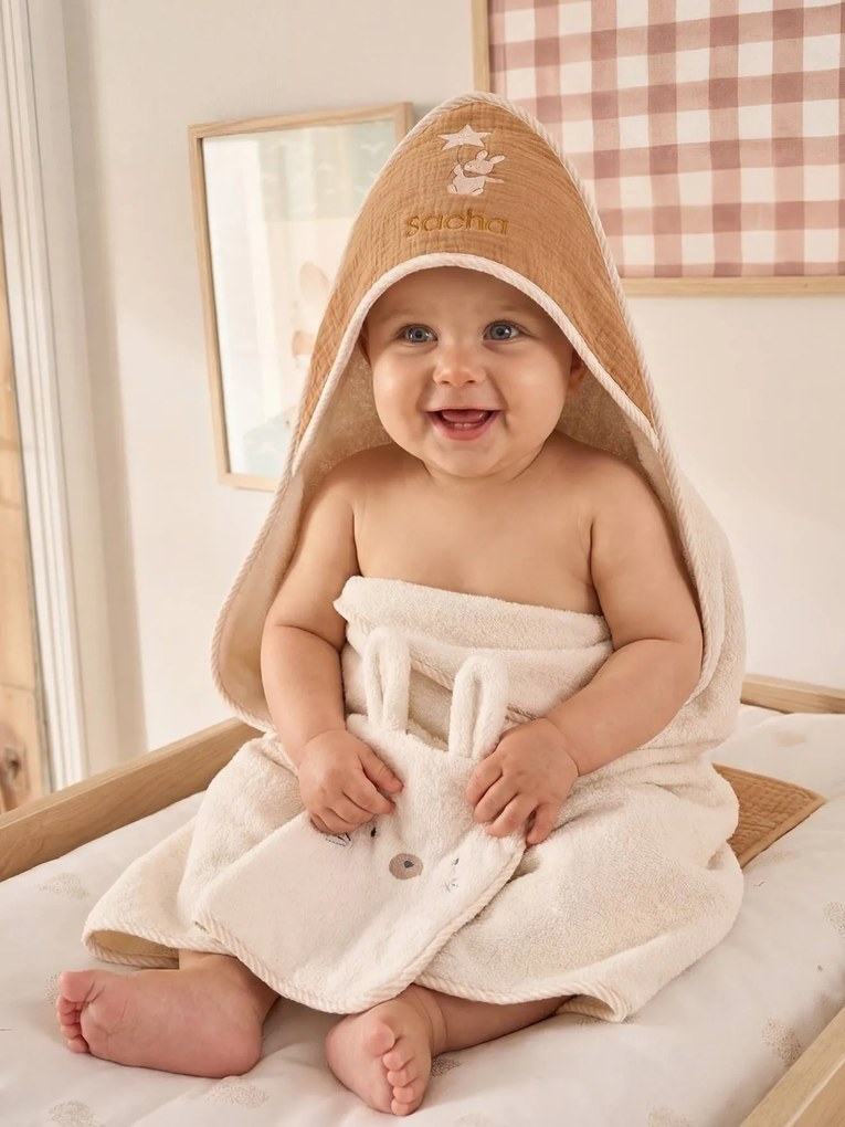 Conjunto capa de banho e luva em algodão personalizável avelã