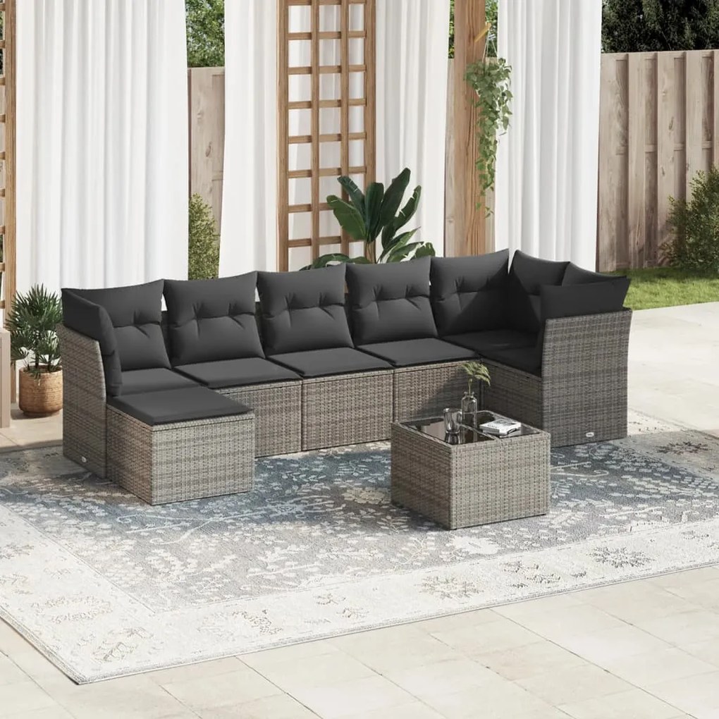 8 pcs conjunto sofás de jardim c/ almofadões vime PE cinzento