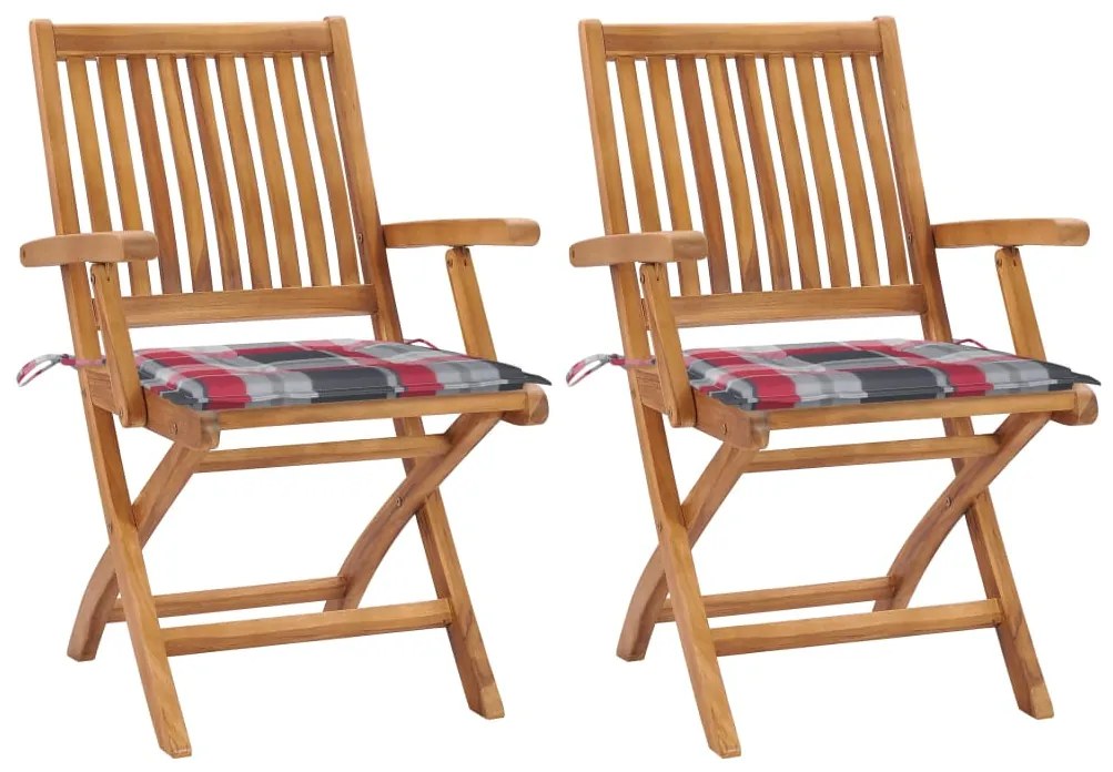 vidaXL Cadeiras jardim c/ almofadões xadrez vermelho 2 pcs teca maciça