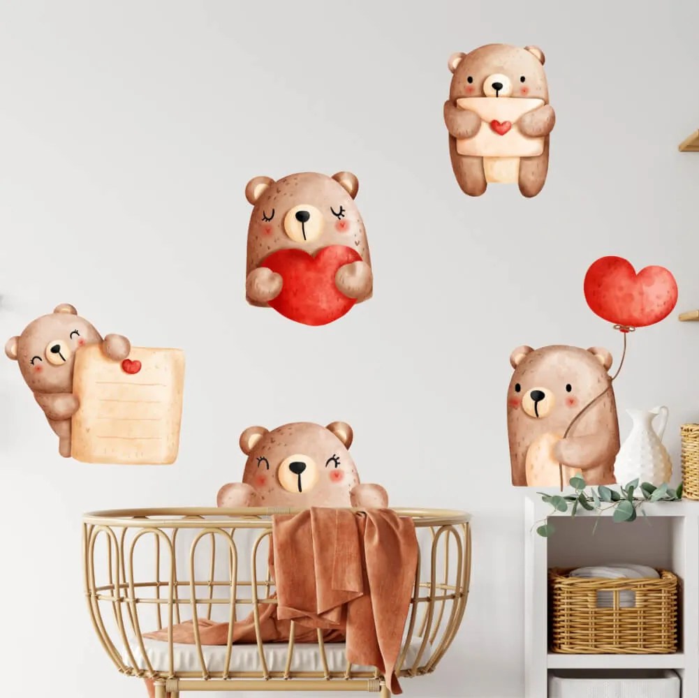 Autocolantes de parede - Ursos de peluche com corações vermelhos (por cima do berço)