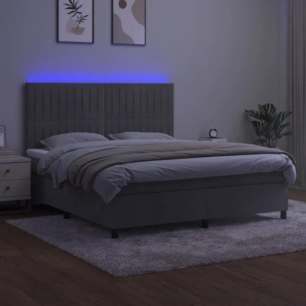 Cama box spring c/ colchão/LED 180x200 cm veludo cinzento-claro