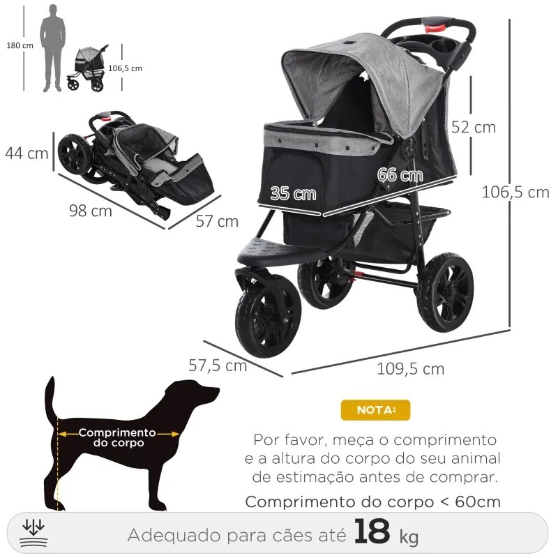 Carrinho de animais de estimação dobrável com rodas Correias de segurança e cesto de armazenamento 109,5x54,5x106,5 cm Cinza e preto