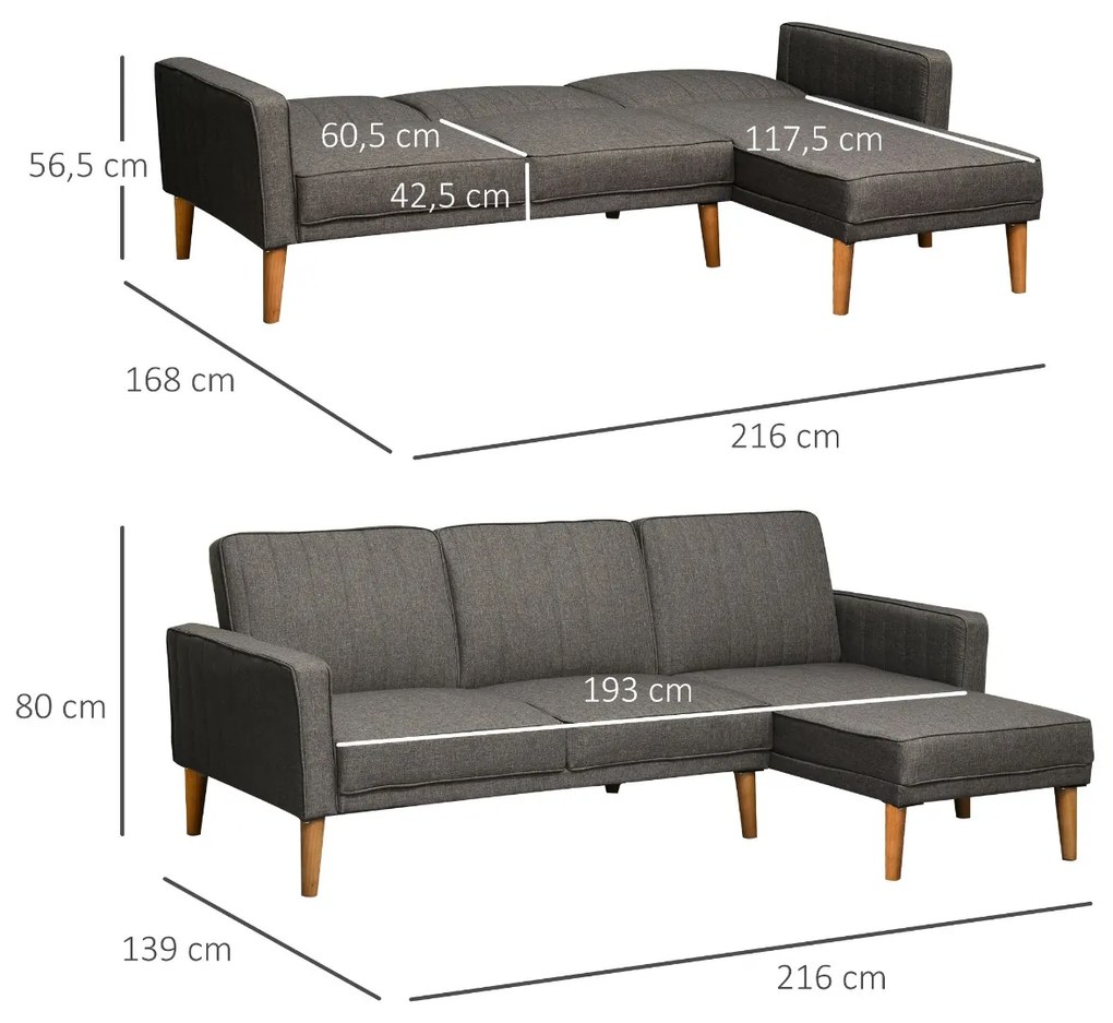 HOMCOM Sofá-cama em forma de L estofado com chaise longue direita e encostos ajustáveis ​​separadamente em 3 posições 216x139x80 cm cinza