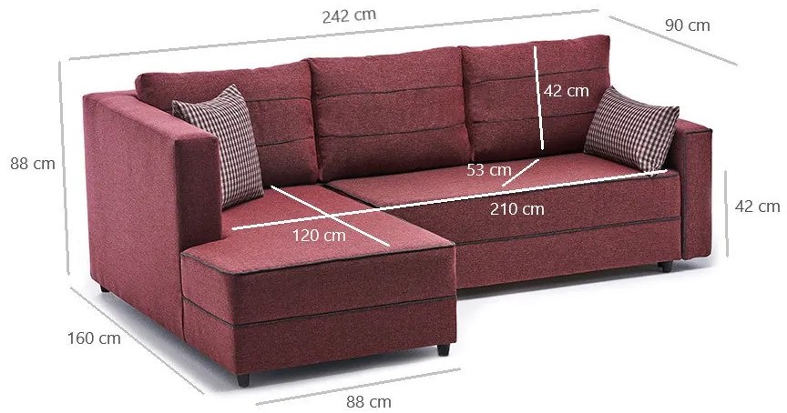 Sofá-Cama de Canto Ece – Vermelho Claret – 242x88x90 cm