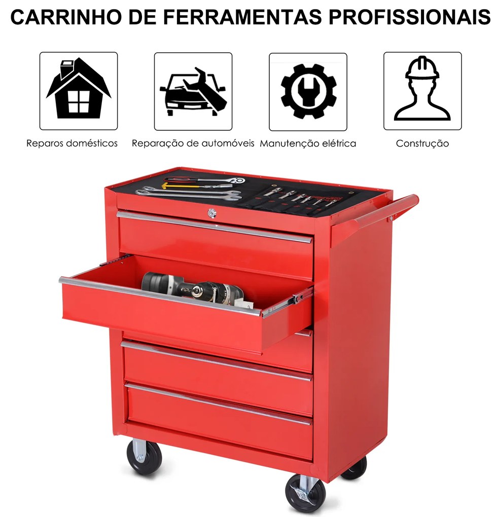 Carrinho de ferramentas com rodas 5 gavetas em chapa de aço 69x33x77.2cm