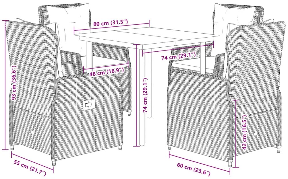 5 pcs conjunto de jantar p/ jardim c/ almofadões cinzento claro