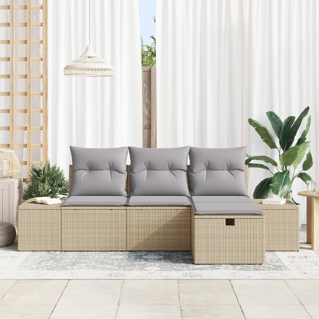 Conjunto de Sofá de Jardim de 4 Peças com Almofadas Bege Rattan Poliés