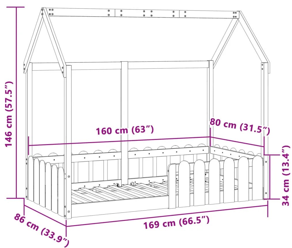 Cama infantil formato casa 80x160 cm pinho maciço branco