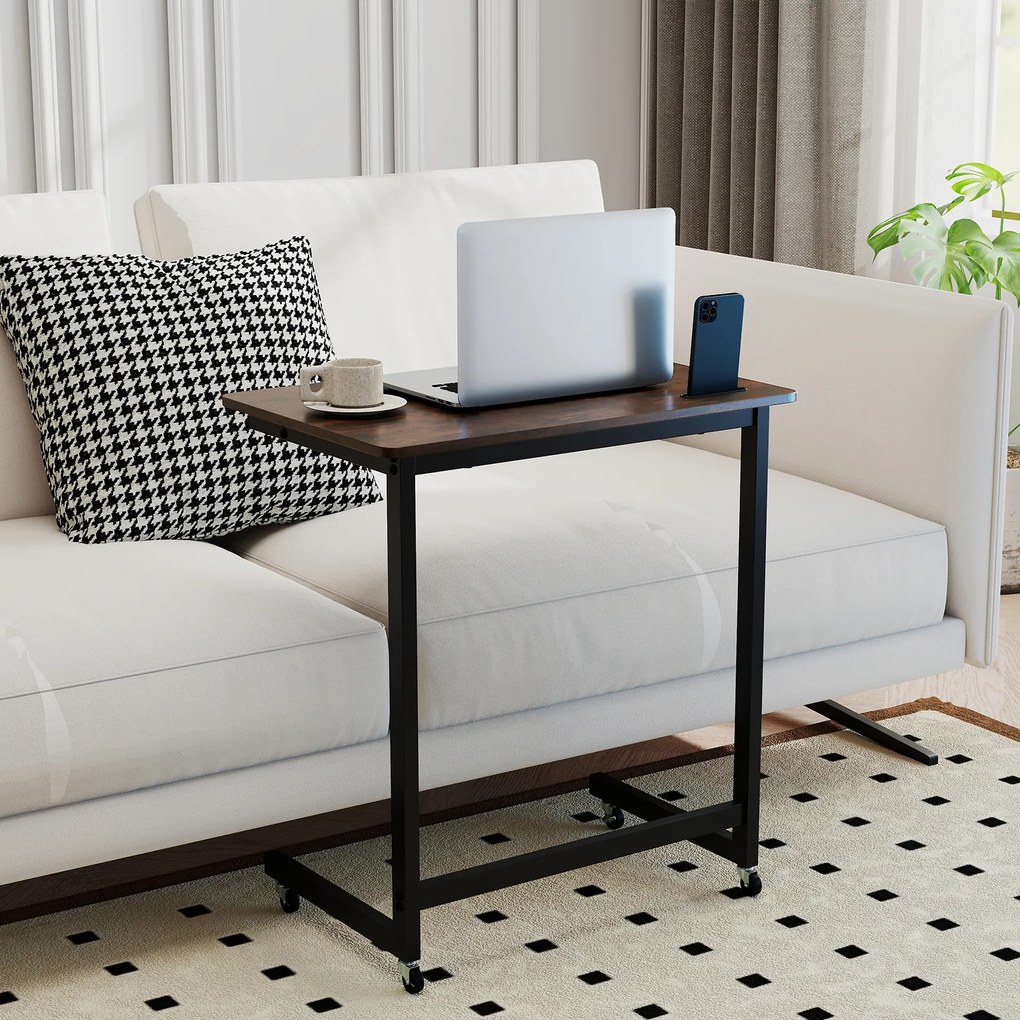 Mesa auxiliar em forma de C com rodas 60 x 39,5 x 66 cm, ranhura para telefone integrada, base baixa para poupar espaço, para sala e quarto, Castanho