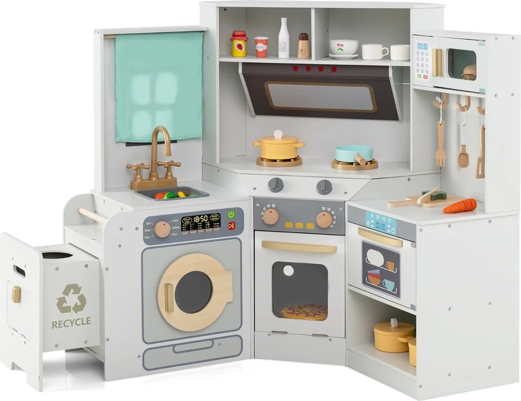 Cozinha de brincar de canto com luzes e sons. Inclui lava-loiça, fogão, micro-ondas, forno, máquina de lavar e acessórios para crianças com mais de 3