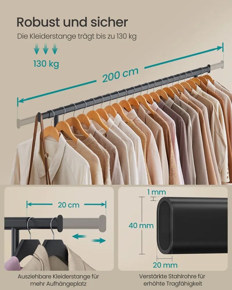 Guarda roupa com rodas 45 x (160-200) x 161,5 cm (P x L x A) Preto